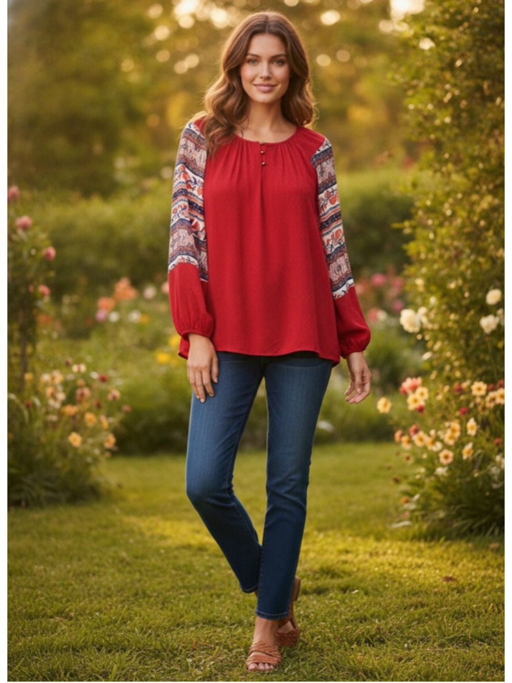 Style & Co Medley Muse Red Textured Long Sleeve Blouse Size L (22” PTP) NWT